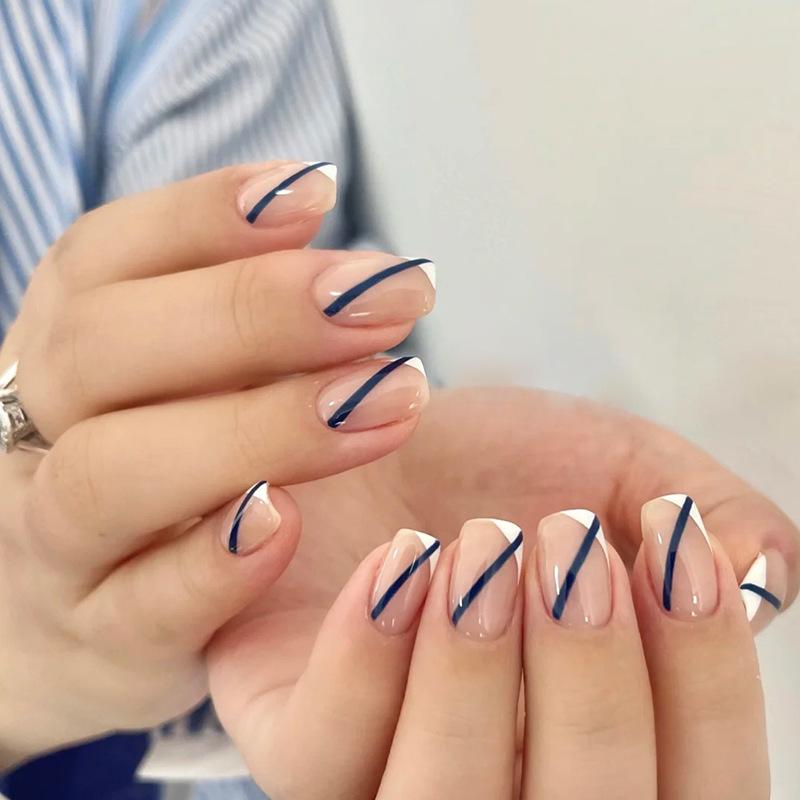 Luxe Collection - Short/Medium Press On Nails - French Twist with a Bleu Line